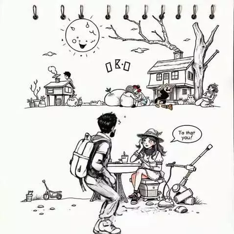 Black and white sketch with two panels: top shows a whimsical outdoor scene, bottom shows a man meeting a woman at a table.