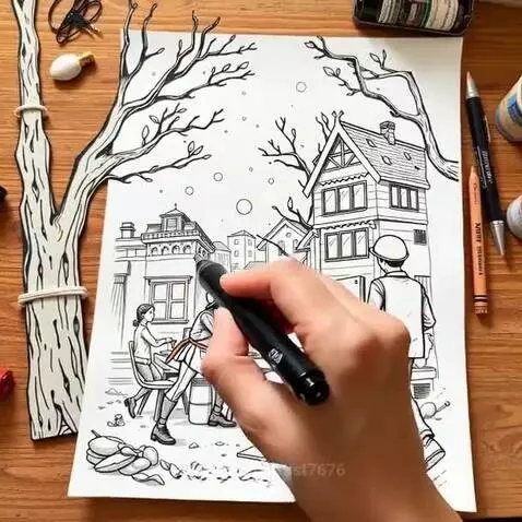 Close-up of a hand using a black marker to shade a detailed black and white illustration of a winter street scene.