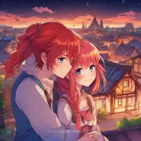 Anime couple with red and pink hair embracing in a European town at dusk with a colorful sky.