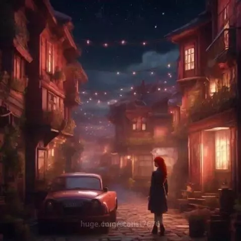 Animated cobblestone street at night with glowing buildings, string lights, and a person with red hair walking.