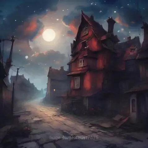 Stylized painting of a European town street at night with a large full moon and glowing buildings.