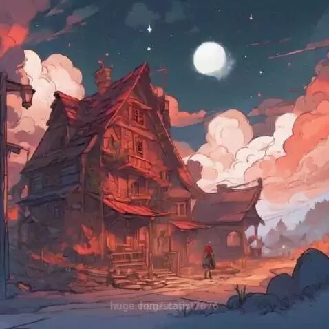 Stylized animation of a rustic house with a red roof under a twilight sky with a full moon and orange-pink clouds.