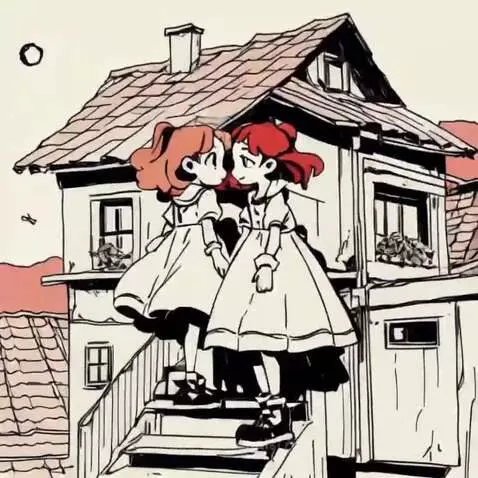 Illustration of two red-haired girls in white dresses on outdoor stairs, facing each other.