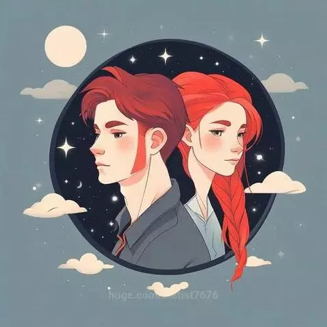 Two animated characters with red hair in profile, looking away from each other, framed by a starry night circle.