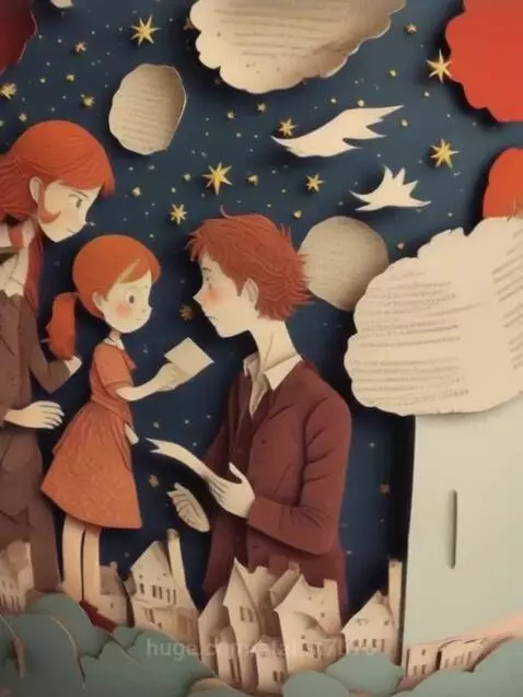 Paper cutout animation of three characters with red hair against a starry blue background with text clouds and a village.