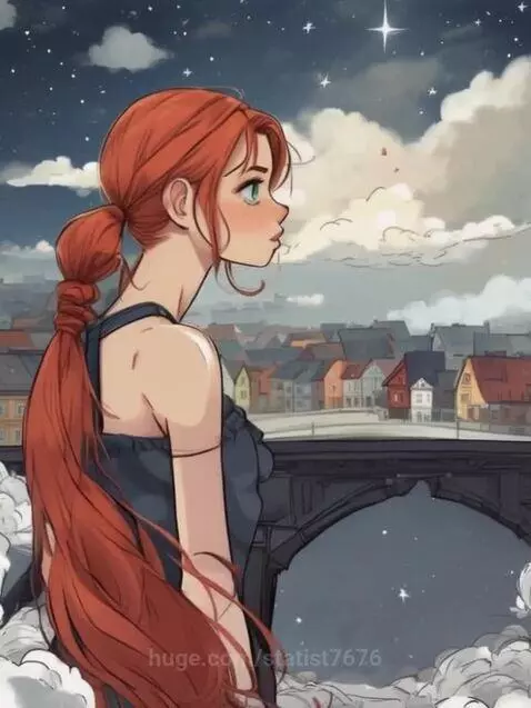 Animated woman with red braided hair overlooking a colorful town at night under a starry sky.