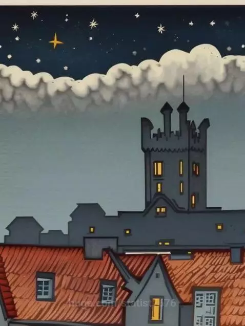 Stylized illustration of a city at night with glowing windows, a castle, and a starry sky with a cloud.