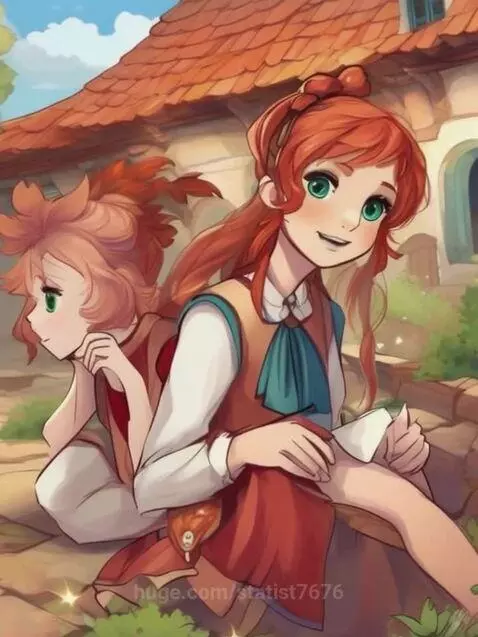 Two red-haired girls with green eyes in vintage clothing sitting outdoors near a rustic building.