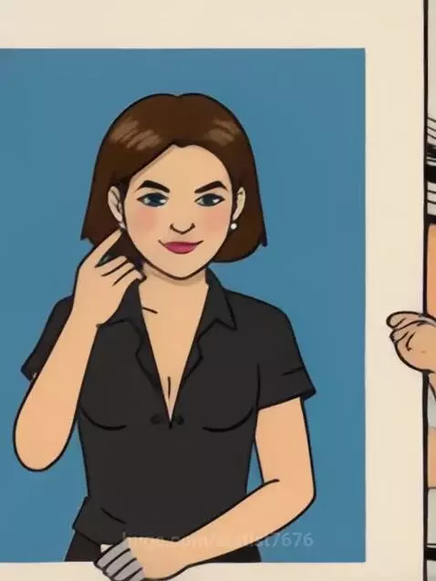 Cartoon animation of a girl with short brown hair, blue eyes, and a smile, touching her cheek.