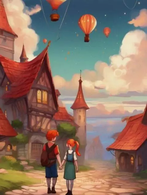 Two red-haired children holding hands, walking away from viewer down a cobblestone path in a whimsical village with hot air balloons.