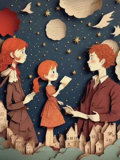 Paper cutout animation of a family with a child holding paper under a starry night sky with a cityscape.