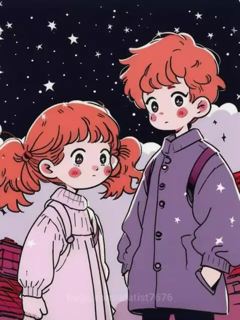 Two red-haired children, a girl in a pink dress and a boy in a purple coat, stand under a starry night sky.