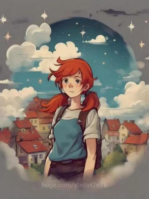 Animated girl with red pigtails in a whimsical landscape with small houses and a starry sky.