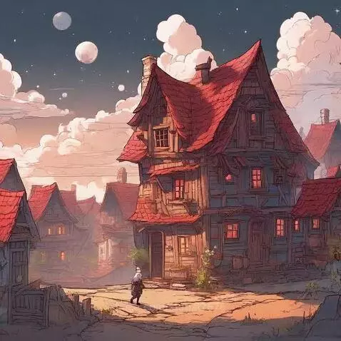 Stylized village with rustic houses, red roofs, and multiple moons under a twilight sky.