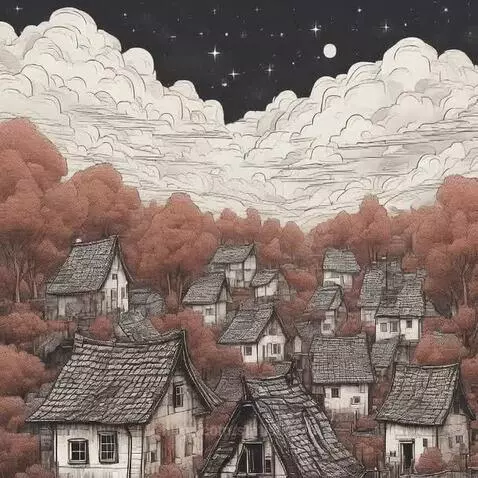 Illustrated village with rustic houses in a forest at night, featuring a crescent moon and stars.