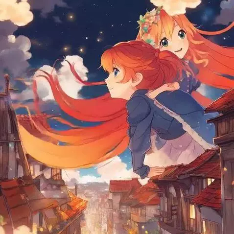 Two anime girls with orange hair flying over a fantasy town at twilight.
