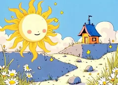 Cartoon animation of a smiling sun with rosy cheeks, surrounded by stars, above a small house and a field of daisies.