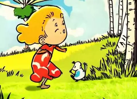 Cartoon girl with blonde hair in a red dress walking with a small mouse-like creature in a green field.