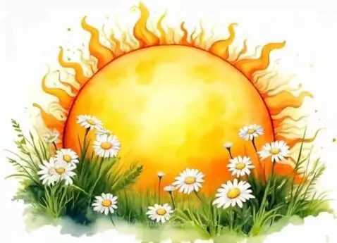 Watercolor animation of a bright yellow and orange sun rising behind a field of white daisies and green grass.