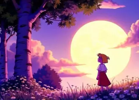 Animated girl in a flower field looking up at a huge, glowing full moon in a magical, colorful sky.