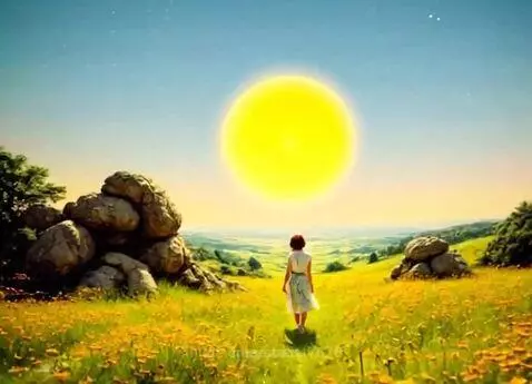 Person walking through a vibrant yellow flower field towards a bright sun, with rolling green hills.