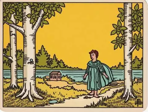 Stylized illustration of a young person by birch trees near water under a yellow sky.
