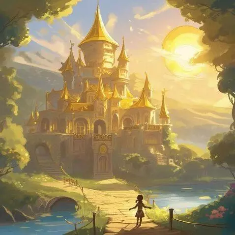 Golden castle with multiple spires in a lush, magical landscape with a child-like figure on a path.