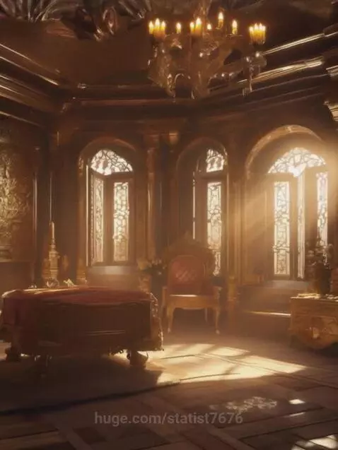 A luxurious room interior with intricate gold carvings on walls and ceiling, illuminated by bright sunlight streaming through large arched windows.