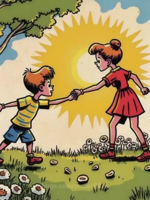 Two red-haired children, a boy and a girl, holding hands in a sunny meadow with flowers and a bright sun.