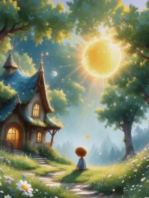 Whimsical cottage in a lush landscape with a glowing golden sun and a child figure.