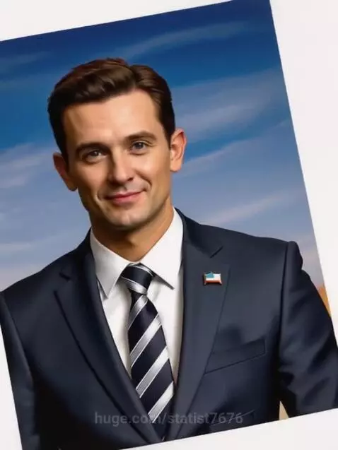 Smiling man in a dark blue suit and striped tie, with a flag pin, against a blue sky background.