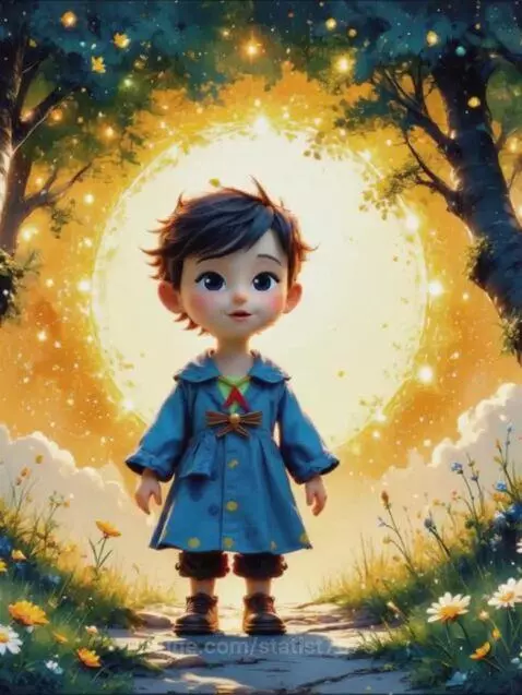 Animated child with dark hair in a blue coat stands in a colorful meadow with glowing trees and a bright orb.