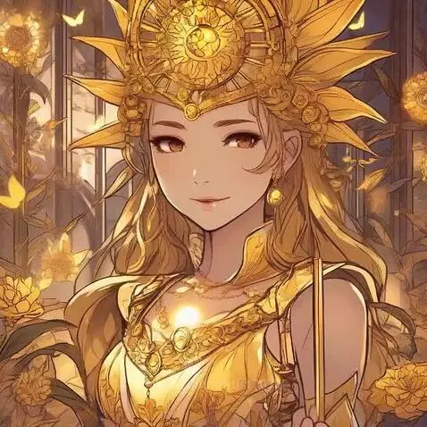 Anime woman with long golden hair, golden dress, and sun-like crown, amidst glowing golden flowers and butterflies.