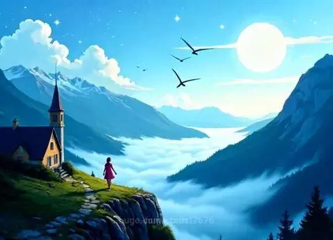 Animated fantasy valley with misty clouds, majestic mountains, a large moon, and a small figure on a cliff.