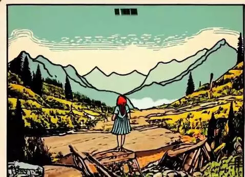 Animated landscape with mountains, a lake, and a character looking towards the distance.