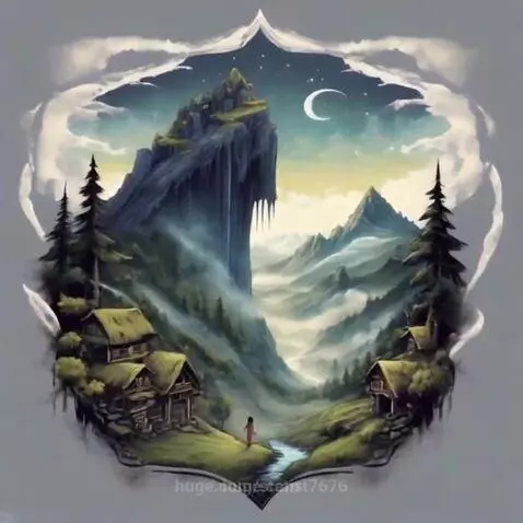 Fantasy landscape with jagged mountains, misty valley, pine forests, cabins, and a winding stream under a crescent moon.