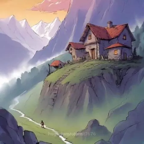 Cartoon landscape of a misty valley with a winding path, a rustic house on a hill, and snow-capped mountains under a colorful sky.