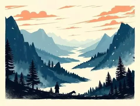 Stylized illustration of a misty mountain valley with a river, pine trees, and a robed figure with a dog.