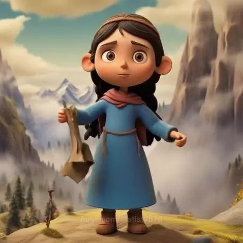 Animated girl with dark hair in a blue dress and pink scarf on a grassy hill overlooking misty mountains, holding a scroll.