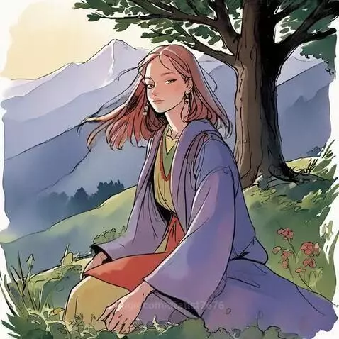 Anime girl with reddish-brown hair in a purple robe sitting on a grassy hillside overlooking blue and purple mountains.