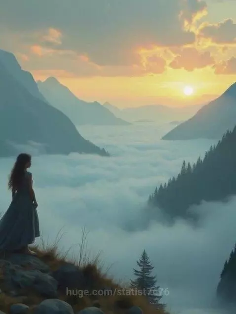 Woman overlooking a misty mountain valley at sunset with orange and yellow sky.