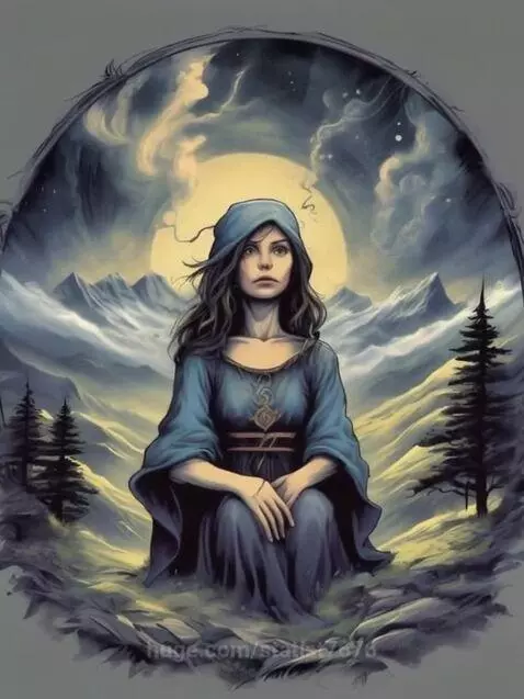 Artistic illustration of a woman with dark hair in a blue hooded dress, sitting in a mountain landscape under a large moon.