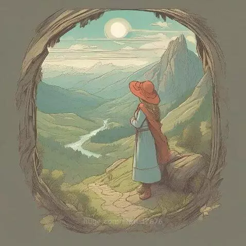 Animated scene of a person in a blue dress overlooking a vast, sunlit valley with mountains and a river.