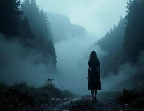 Woman standing on a path looking into a foggy, pine-covered mountain valley.