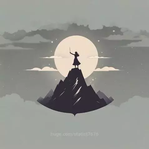 Silhouette of a person with a sword on a mountain peak under a glowing full moon and stars.