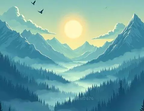 Stylized painting of a misty valley between mountains, with a bright sun and birds in the sky.