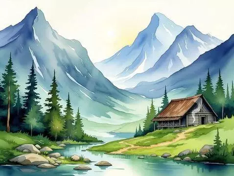 Watercolor painting of a mountain landscape with a river, pine trees, and a rustic wooden cabin.