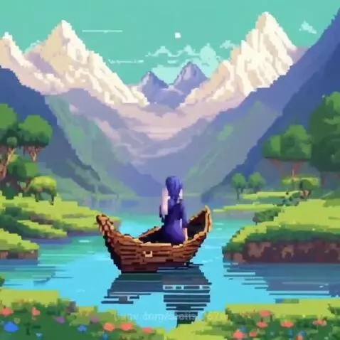 Pixel art animation of a person in a boat on a calm river, with green banks and snow-capped mountains in the background.