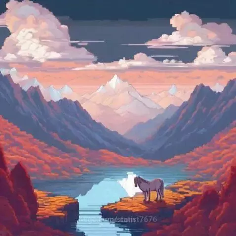 Pixel art landscape with snow-capped mountains, a reflective lake, autumn foliage, and a horse.