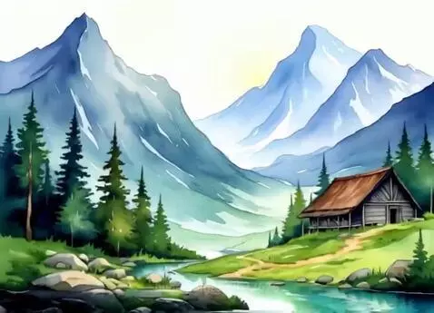 Watercolor painting of a peaceful mountain landscape with a river and cabin.
